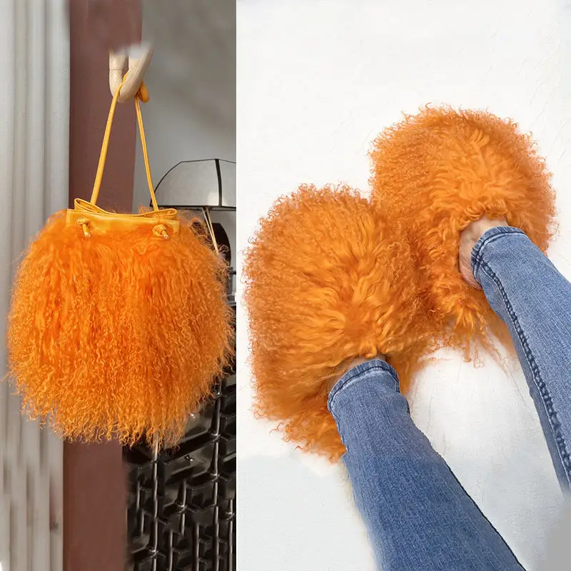 

BUSY GIRL RS4301 2023 Fluffy slippers wholesale for women matching sets women wool real fur slides slippers