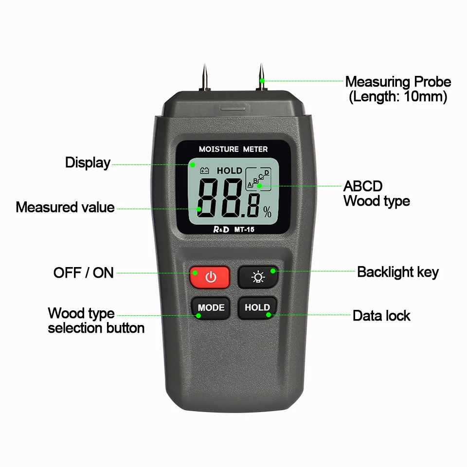 
R&D MT15 Wood Moisture Meter Wood Humidity Tester Hygrometer Timber Damp Detector Tree Density tester ABCD groups with backlight 