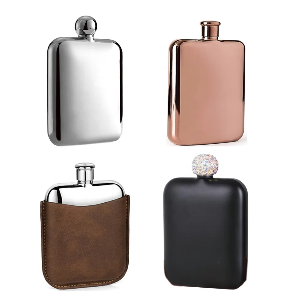 

6oz stainless steel whiskey hip flask with leather with funnel copper lid embossed custom logo Pocket wholesale