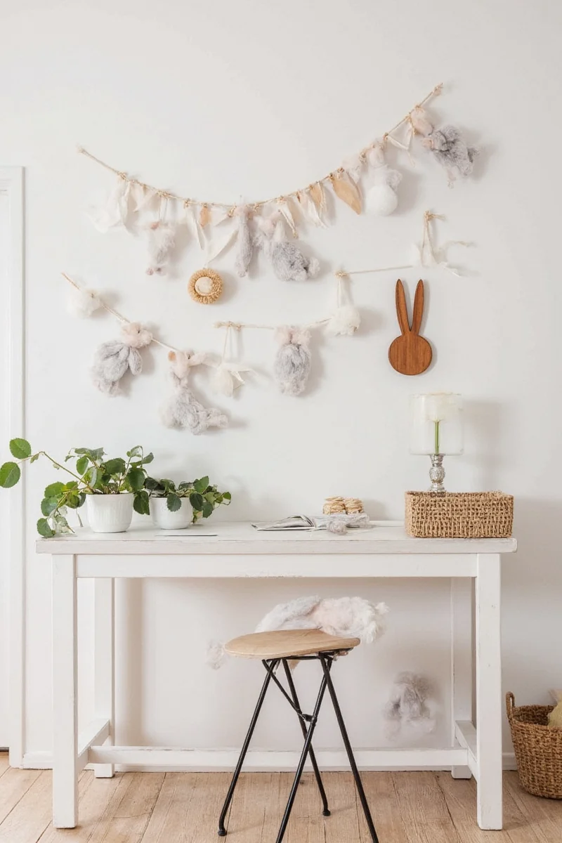 Set of hand-carved wooden bunny figurines displayed on a floating wood shelf.