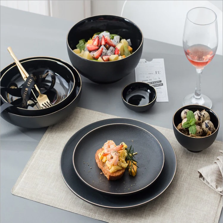 

Factory wholesale High Quality Black Golden Rim Dinnerware Ceramic Plate Porcelain dinner dish Plate Set