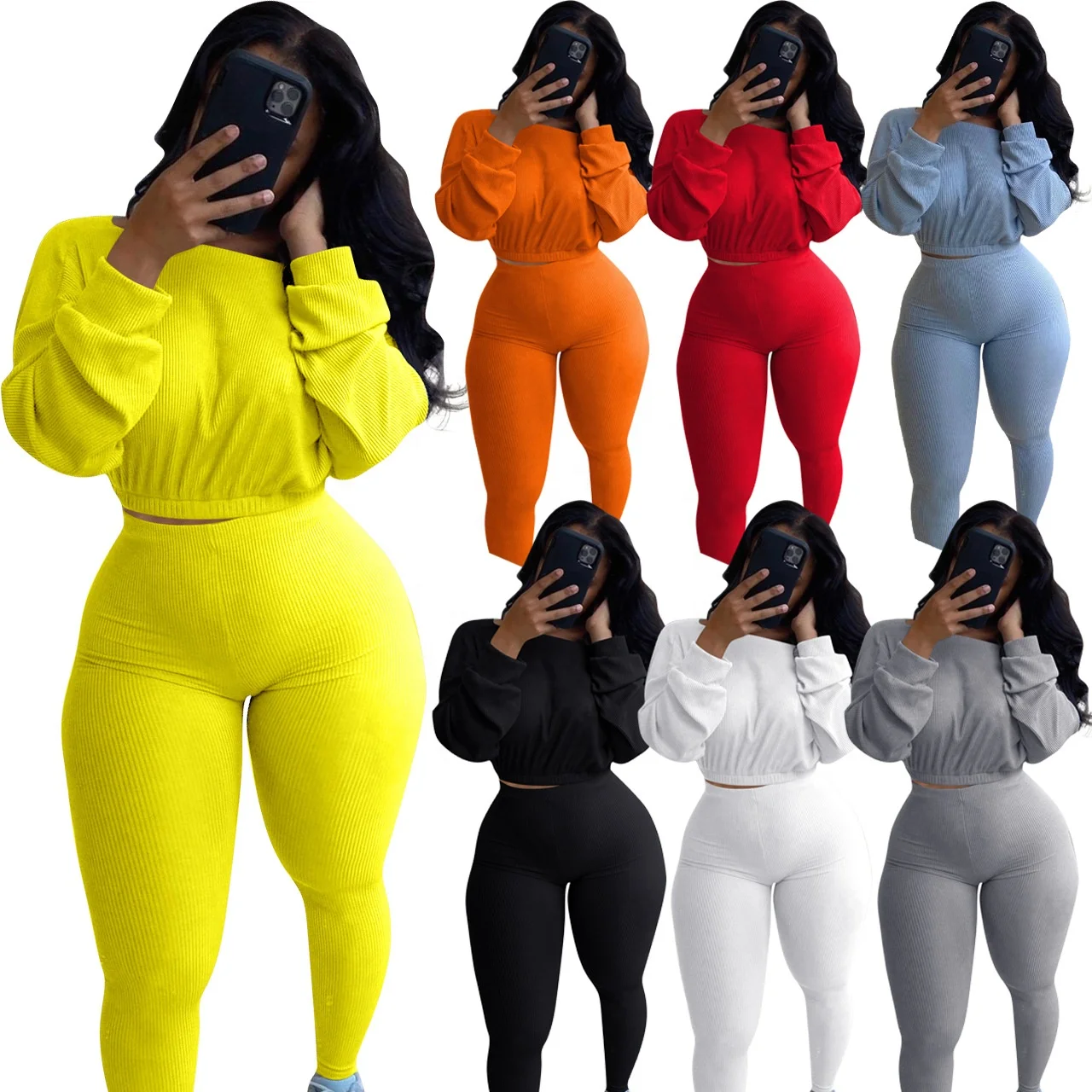 

NK174 Newest Popular Low Price long sleeve sold color women's jogger suit fall ribbed sports clothing women two piece set, As picture or customized make