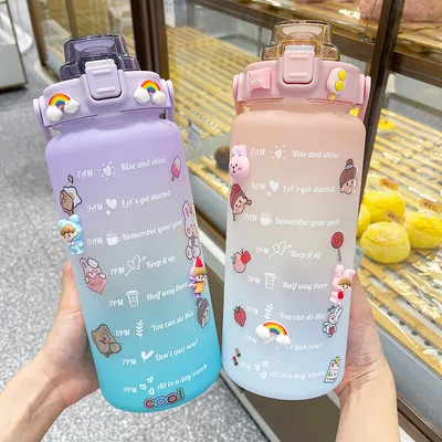 

2L Wholesale Leakproof Gradient color Fitness Sports Motivational Water Bottle with Time Marker and Straw, Customized color acceptable