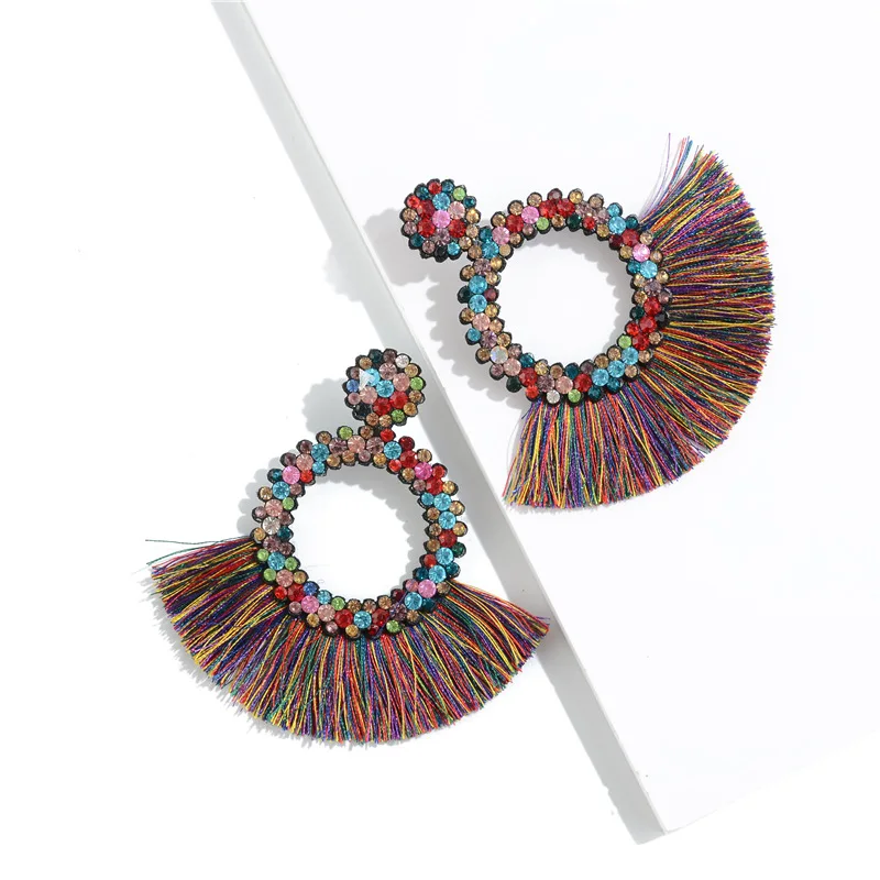 

New Fashion Handmade Bohemia hooop earring Ethnic Jewelry Long Silk Thread crystal rhinestone beaded Tassel Earrings For Women