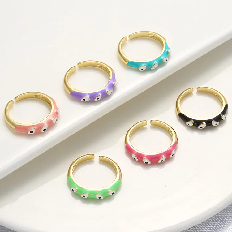 

RA1060 Hot Sale Delicate 18k Gold Plated Brass Multicolor Rainbow Enamel Gold Plated Evil Eye Open Rings for Women Ladies