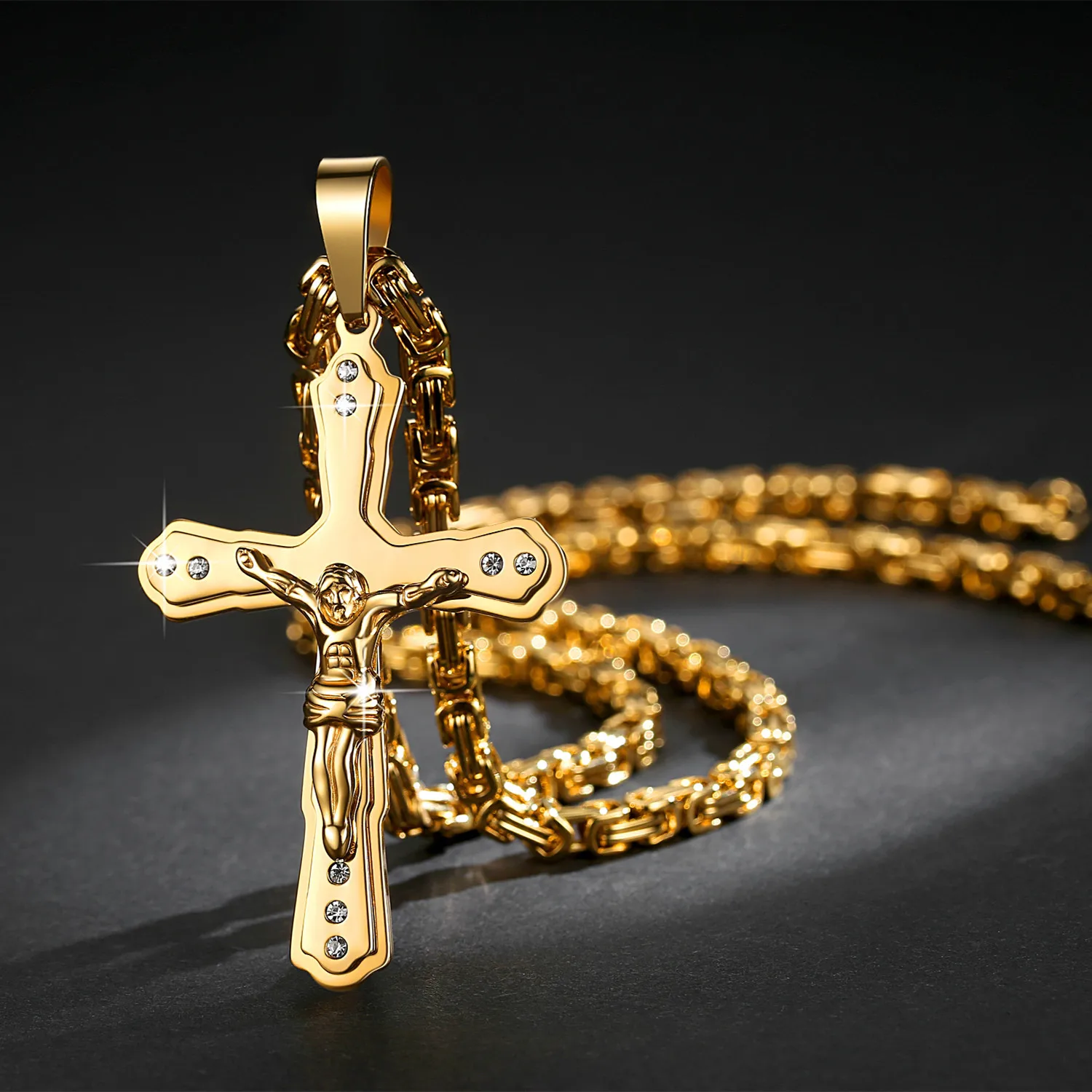 

Gold 316L Stainless Steel Christian Jesus Crystal Link Bijoux Chain Fashion Simple Cross Pendant Necklace for Men Jewelry, As the picture