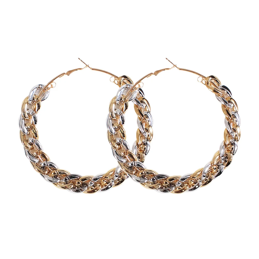 

New European exaggerated large circle clip on gold earrings female 90mm large round cuban chain big hoop earrings, As picture show