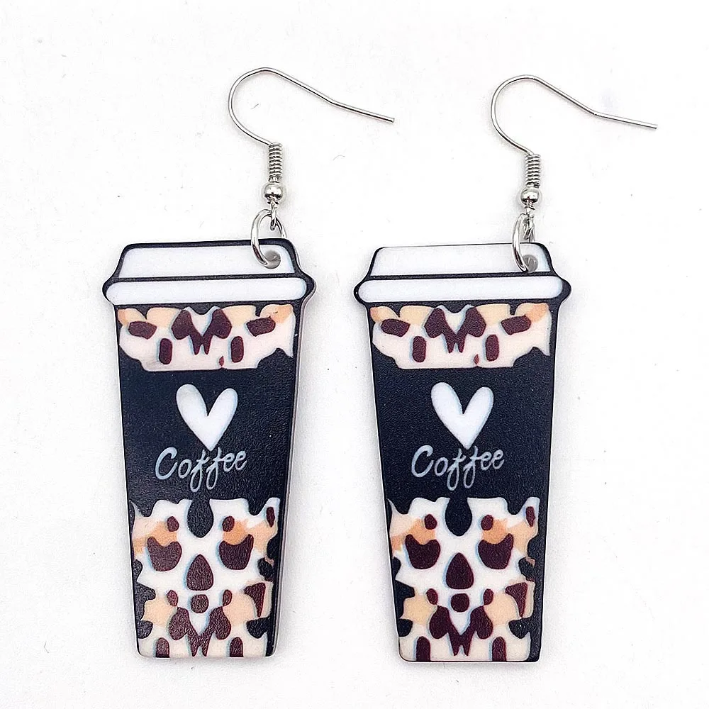 

Wholesale Acrylic Creative Design Women's Earrings Leopard Heart Print Coffee Cup Shape Pendant Earrings