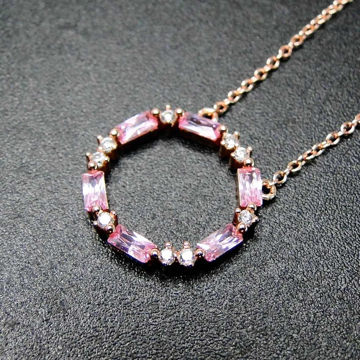 

14k Rose Gold Dainty Baguette pink cz Circle Necklace with chain Fine Jewelry, White