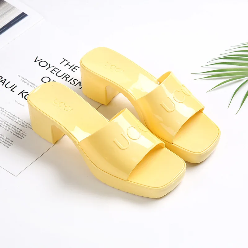 

2022 G Home New Summer Daily Beach Solid Color Candy Color High Heels Sandals Slippers Block Square Heel Sandals, 8 colors