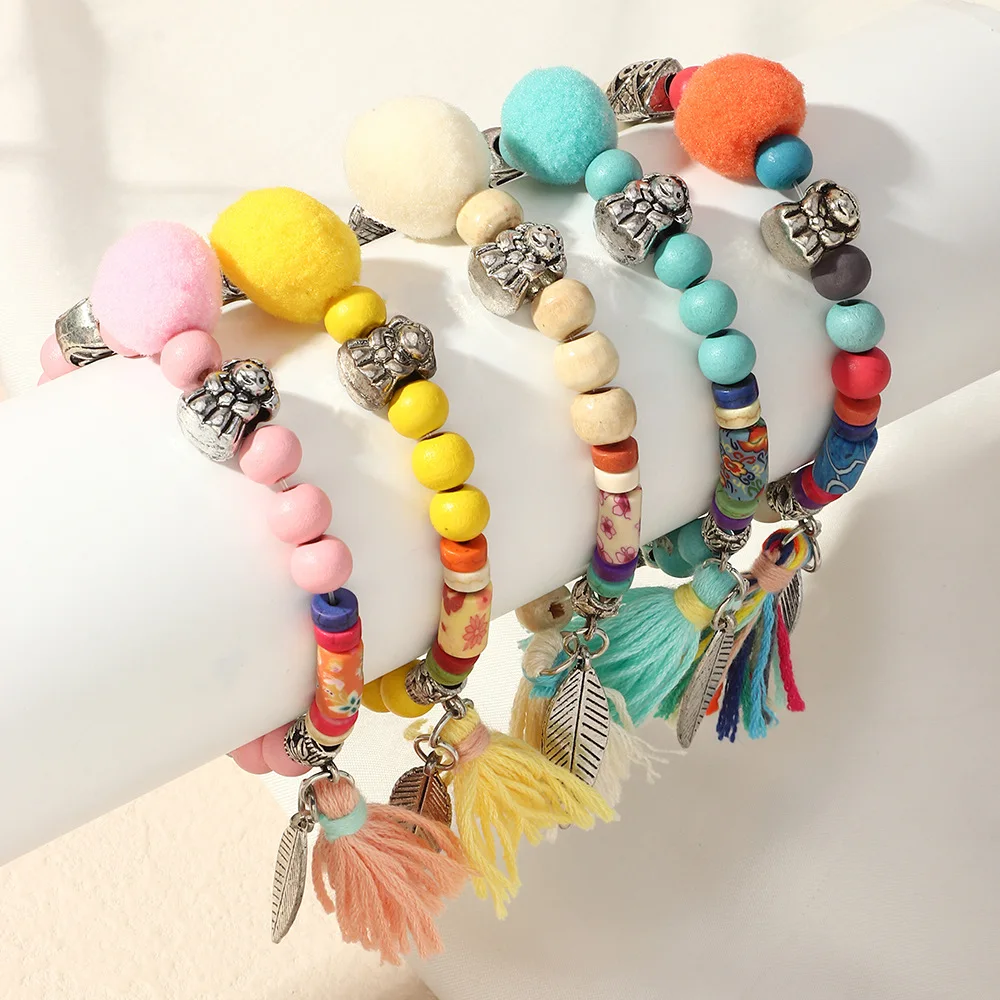 

New Arrivals Ancient Silver Elephant Leaf Tassel Bracelet Ethnic Style Handmade Multicolored Wooden Bead Bracelet, Colorful