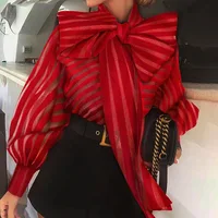 

2020 spring new style fashion socialite clothes women high quality mesh stripe transparent blouse women lady top puff sleeve