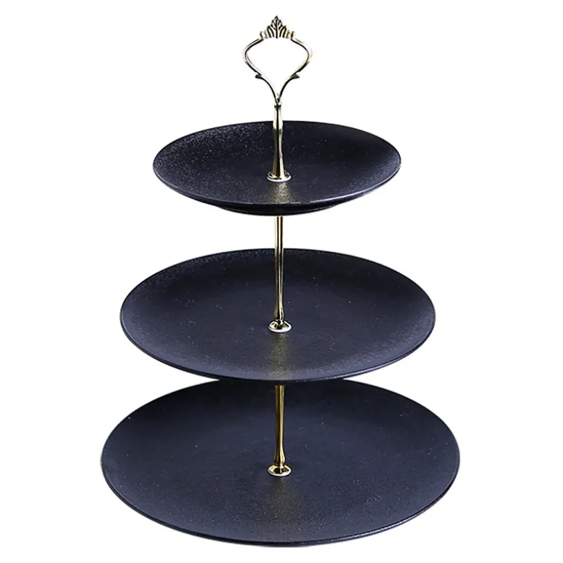

3 tiers cake stand Cheap stock plate matte ceramic porcelain black dinner plate
