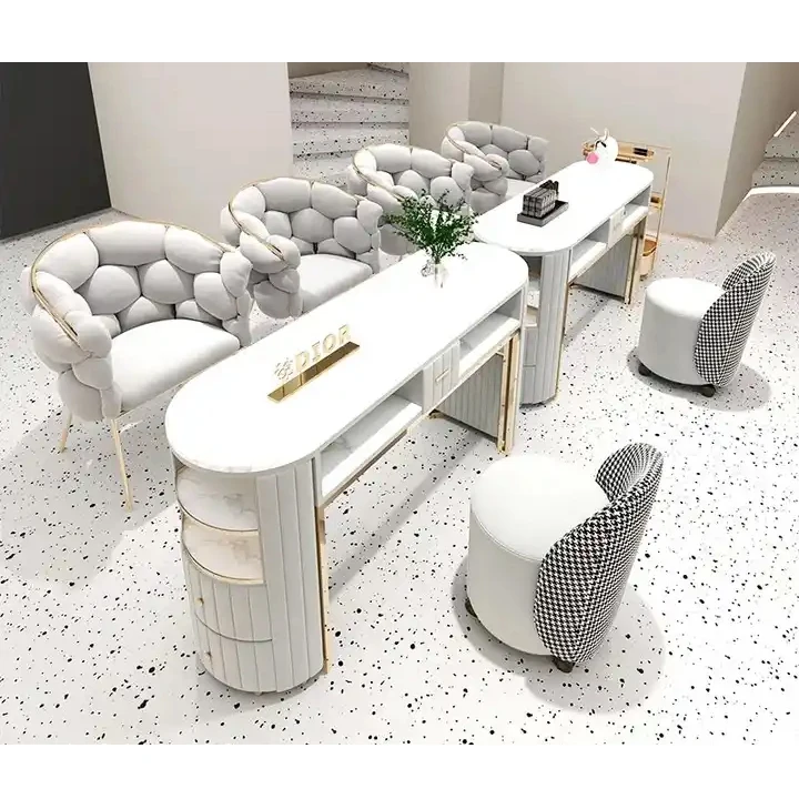 

Modern Grey Marble Top Double Nail Table And Chair Set Gold Metal Frame NailS Table Salon Manicure Luxury