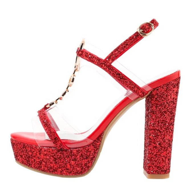 

Shiny Glitter PVC T-strap Women Platform Sandals Metal Chain High Chunky Heel Pumps Large Size 13 Shoes, Gold silver red