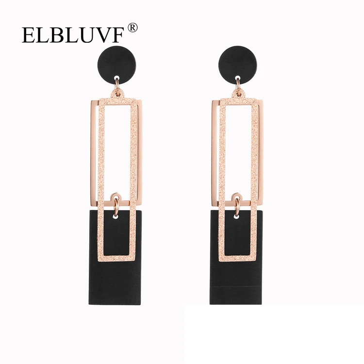 

ELBLUVF 2020 New Hyperbole Stainless Steel Rose Gold Plated Tassel Circle Rectangle Geometric Dangle Earrings For Women