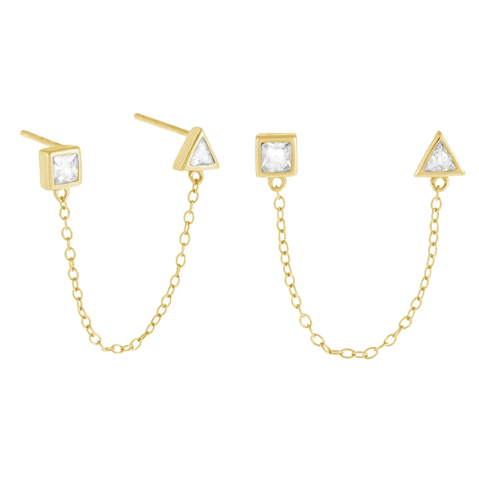 

925 Sterling Silver 14k Gold Plated Multi Shape Cubic Zircon Chain Stud earrings For Woman Gold Plated Earrings