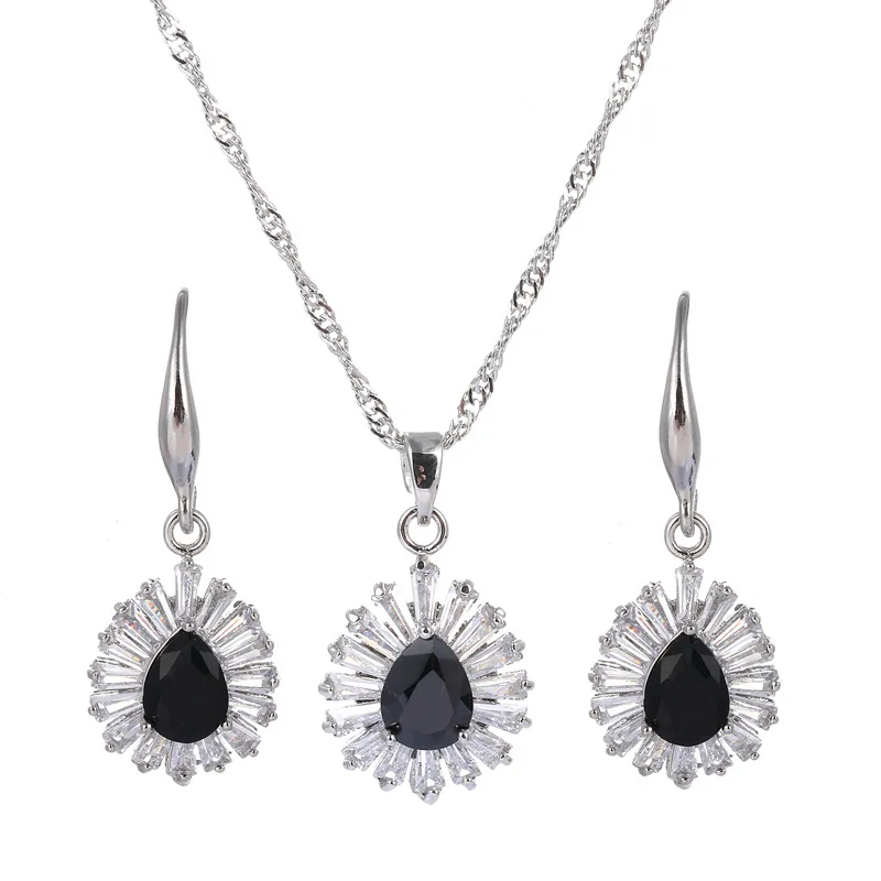 

2021 New Arrival Black Crystal Cubic Zircon Pendant Necklace Earrings Diamond Crystal Cz Flower Jewelry Set for Women