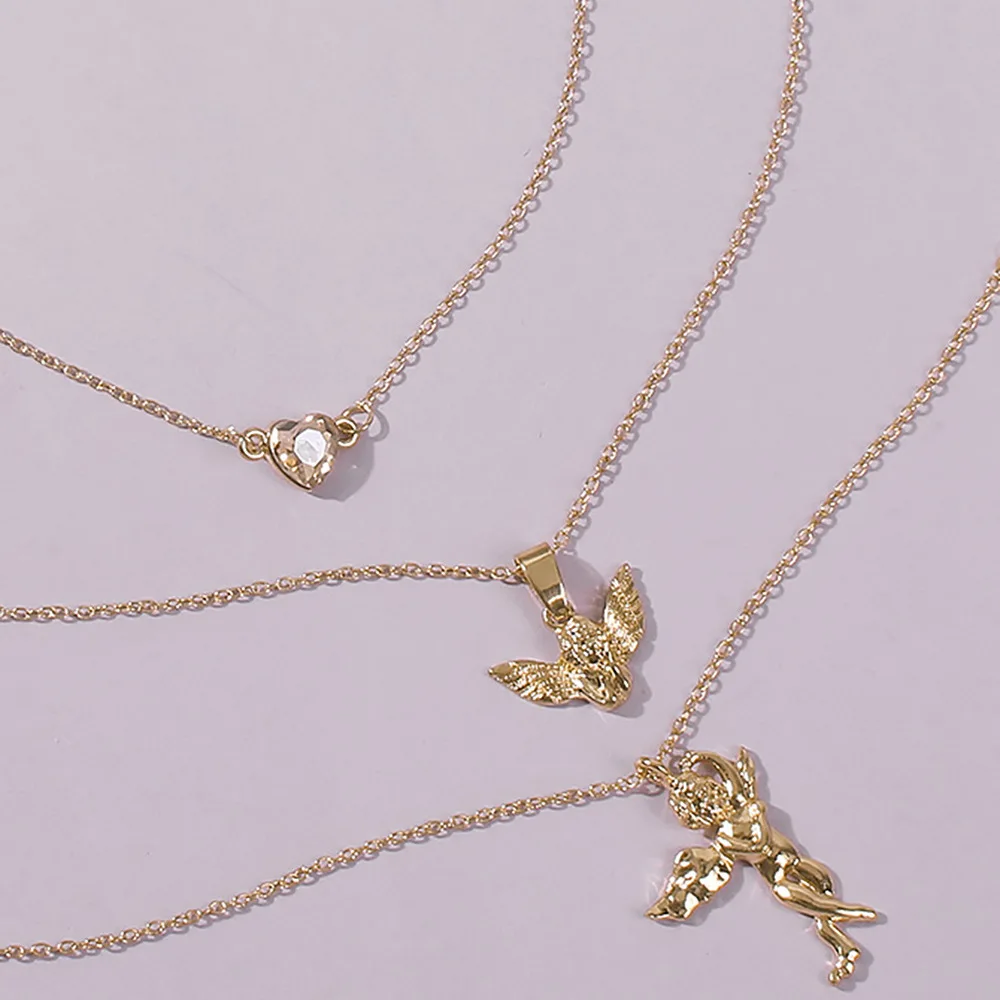 

Dylam Wholesale Low MOQ Pendant Necklace Fashion Sets Female Love Angel Wings Jewelry Link Chain Multi Layer Necklace
