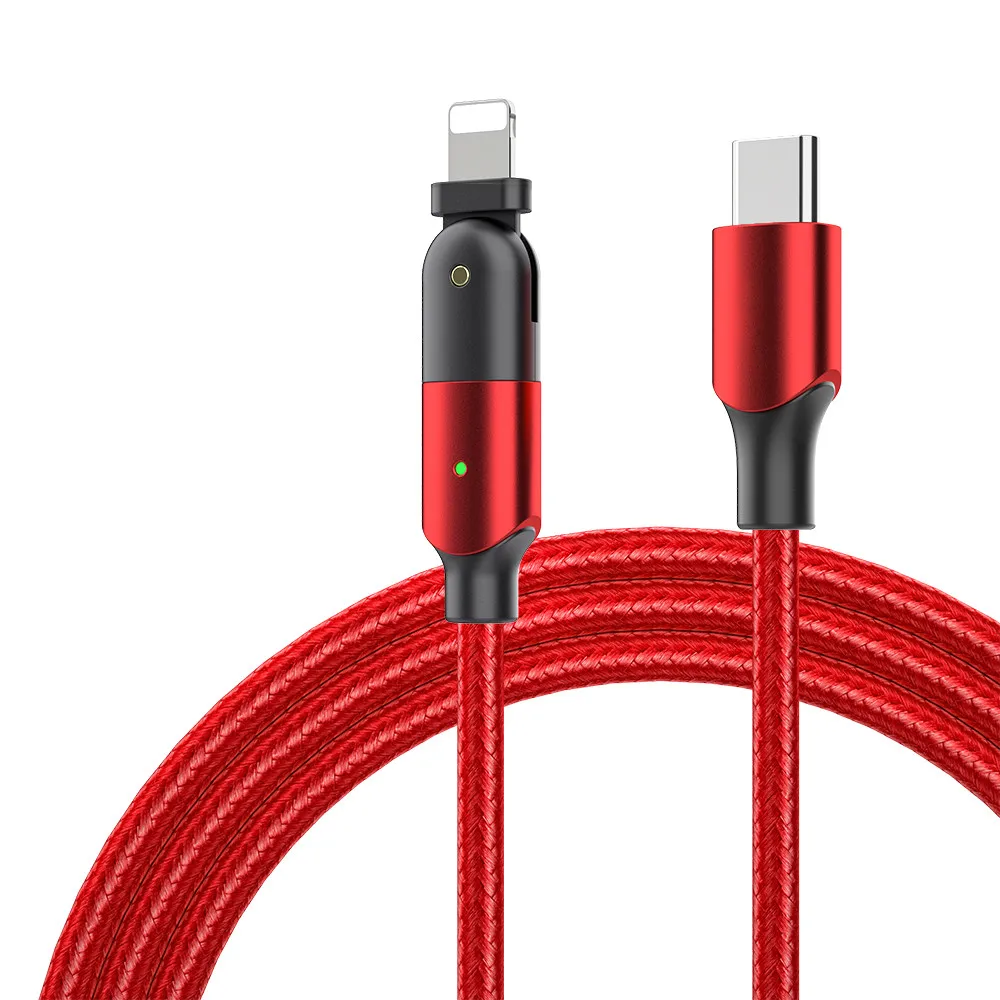 

Wholesale 18W fast charging PD 180 degree rotation usb data cable Data transmission type c to 8PIN cable for IPhone, Black/red