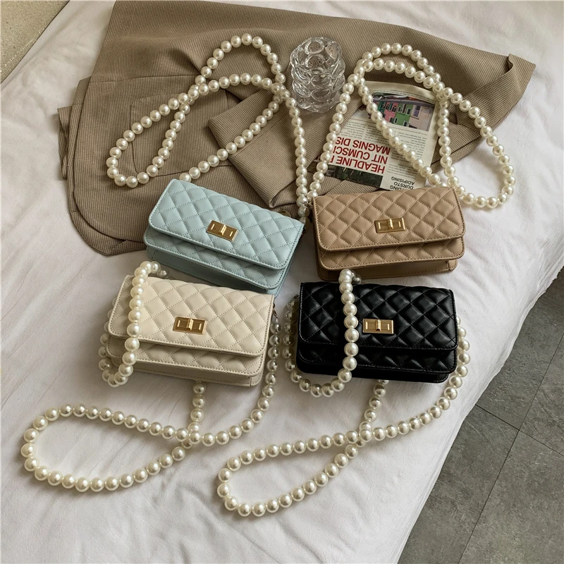 

2021 Pearl Strap PU Leather Luxury Small Crossbody Shoulder Bags Women Handbags Ladies Purses Messenger
