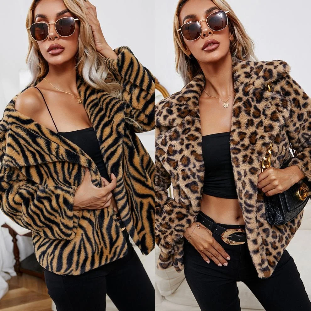 

Wholesale Monogram Winter Warm Thick Leopard Jackets ,Long Sleeve Open Collar Women Leopard Coat