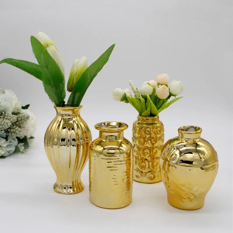 

Golden European embossed ceramic gold small flower vase home decoration
