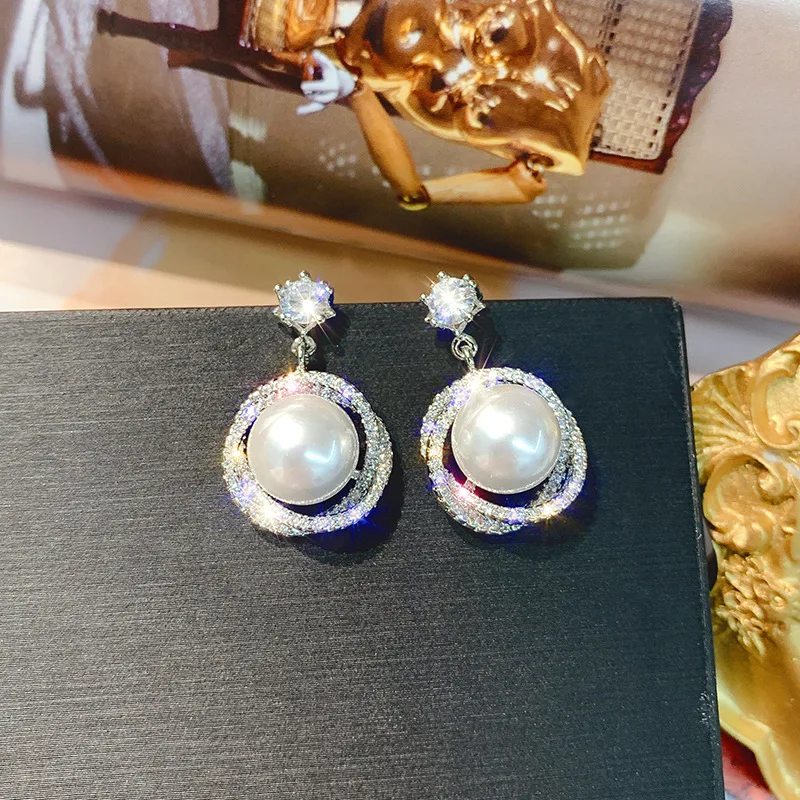

fashion trendy pearl dangle crystal gold plated drop earrings