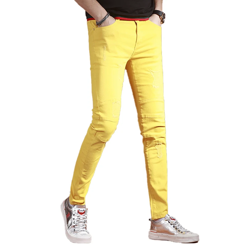 

LILUO New Yellow Jeans Men Fashion Slim Fit Straight Pants Summer Streetwear Thin Ripped Patch Denim Trousers