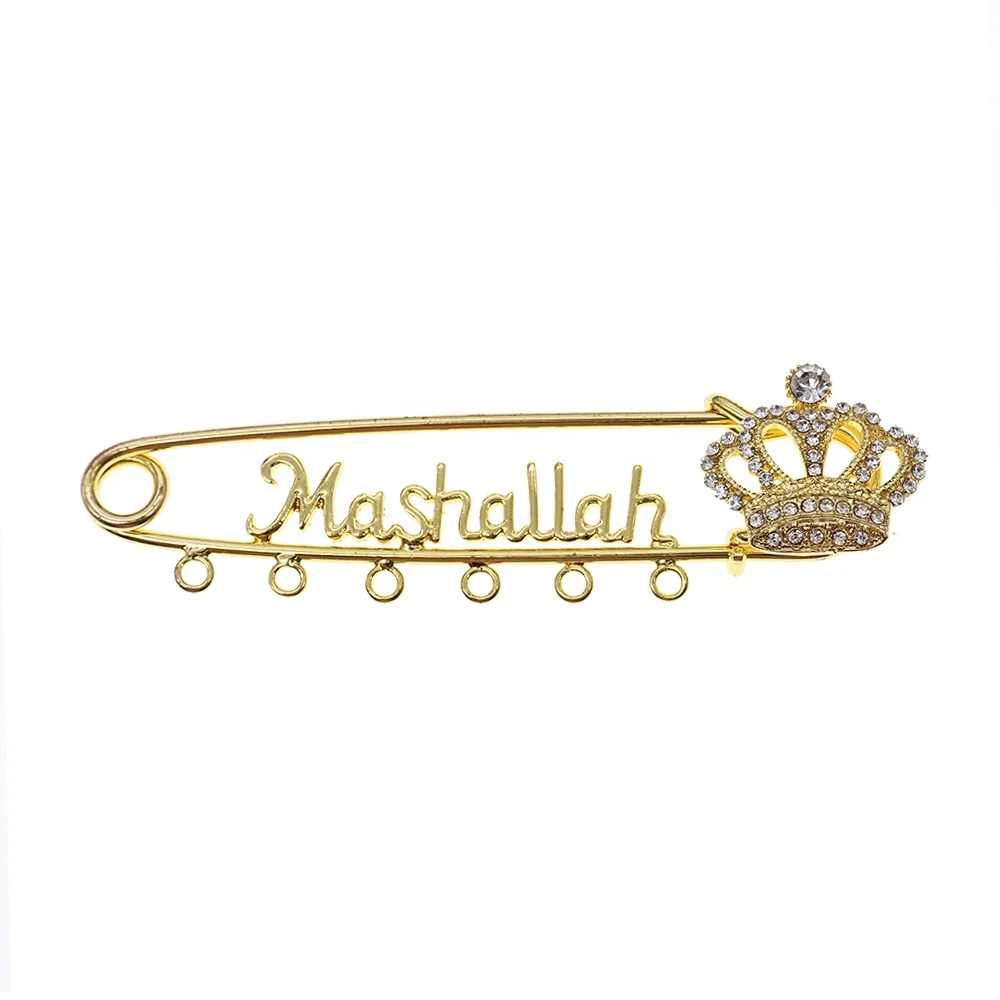 

10.5CM 6 Loops Rhinestone Crystal Gold/Silver Plated Crown Brooch Baby Pins Muslim Islam Allah Mashallah in Arabic Safety Pins