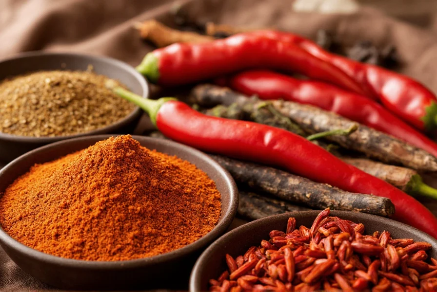 Close-up of various chili peppers and spices arranged in bowls for making chili spice blend