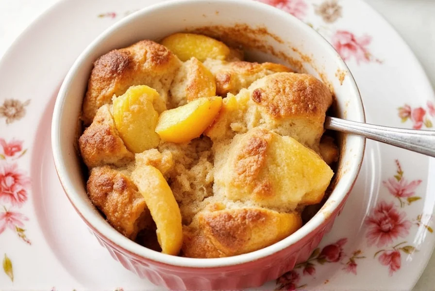 Step-by-step preparation of cinnamon roll peach cobbler showing peach filling in baking dish with cinnamon roll pieces arranged on top