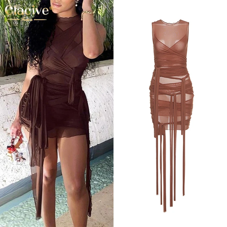 

Clacive Sexy Clubwear Popular Solid Sleeveless Basic Mini Dress Female Outfits Women Bandage Mesh Bodycon Dresses, 4 colors