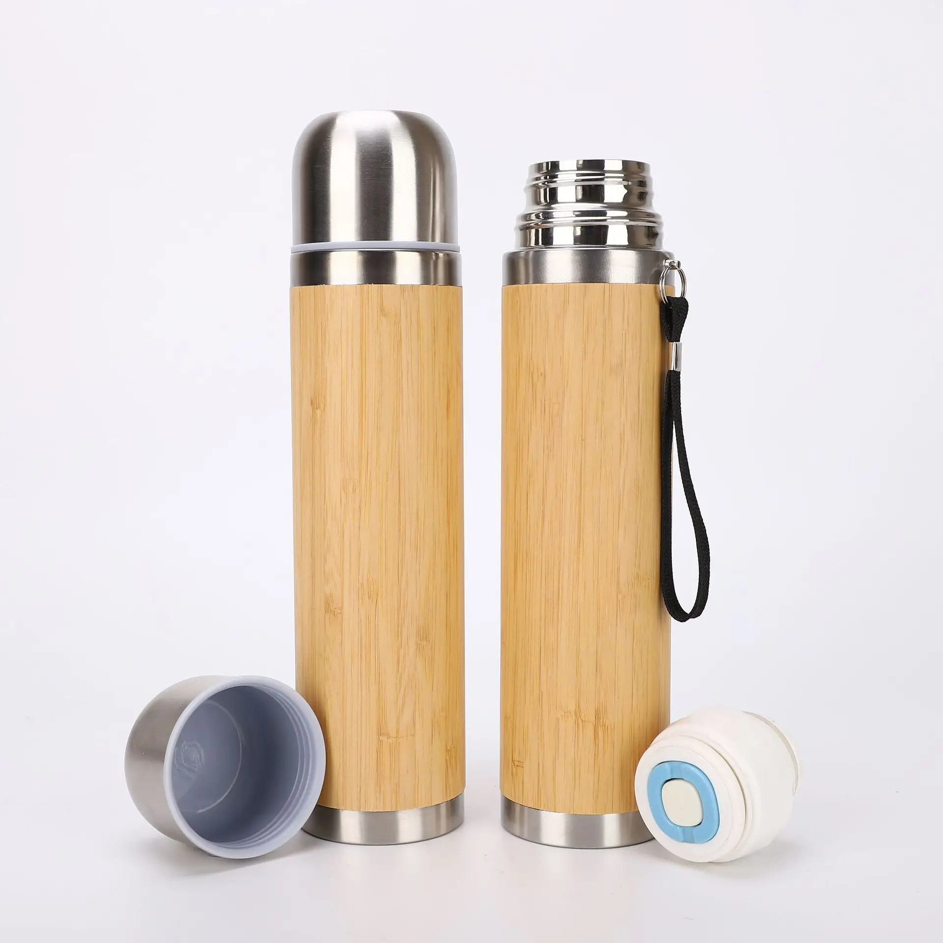 

New Custom 500ml Bullet Shaped Double Wall Vacuum Flask Bamboo Stainless Steel Bullet Water Bottle