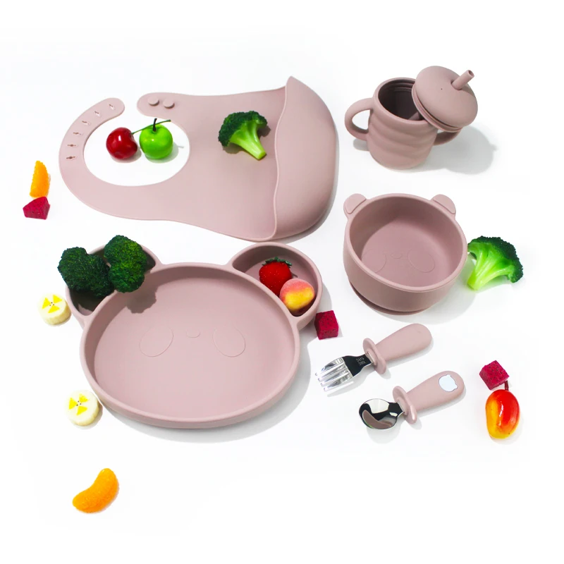 

2022 hot sale Amazon Shopee OEM/ODM BPA free Cartoon animal food grade silicone feeding set baby bowl silicone feeding set, Customized color