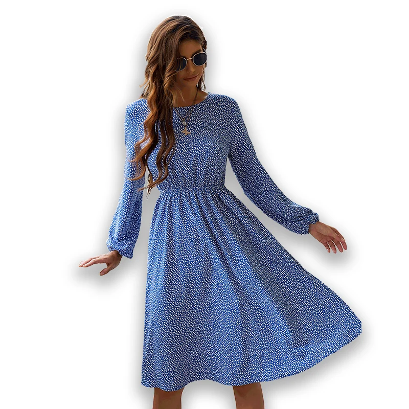 

Floral print long sleeve women dresses Casual clothes 100% polyester chiffon Round neck womens skirts