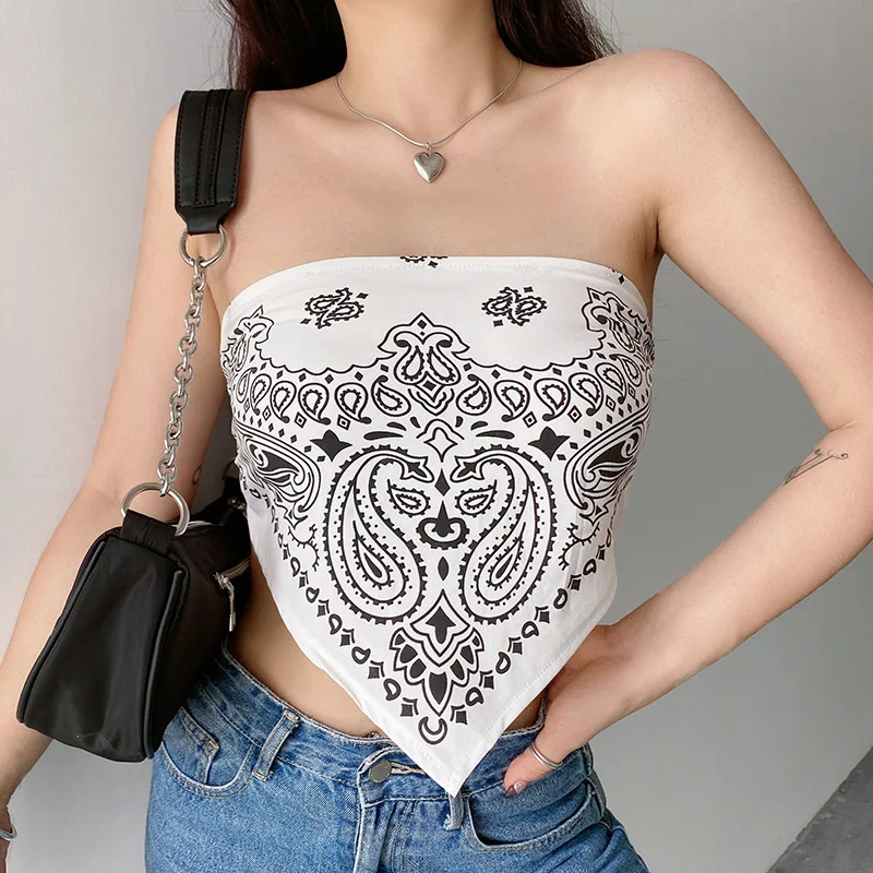 

summer 2021 sexy backless top strapless collar cashew print triangle towel bandana corset top for woman