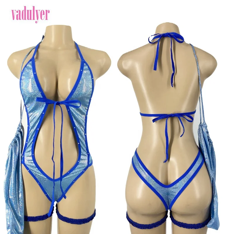 

Vadulyer Wholesale Sexy Exotic Laser Tassel Money Bag Leg Garters Stripper Dancewear Set, Picture