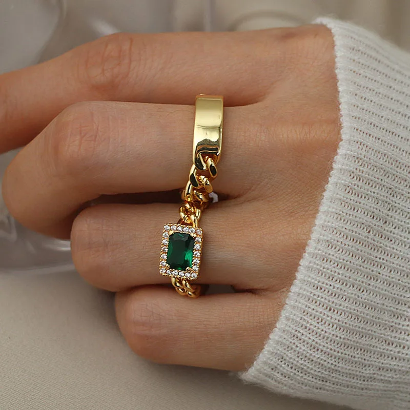 

New Punk Chain Ring Women Vintage Real Gold Plated Geometric Blank Green Emerald Crystal Ring for Women Girls
