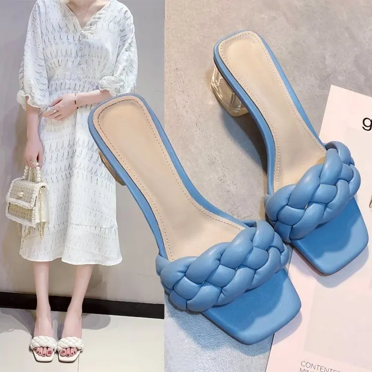 

Sandals women 2021 summer new style woven square thick mid heel womens slippers, As the pictures show