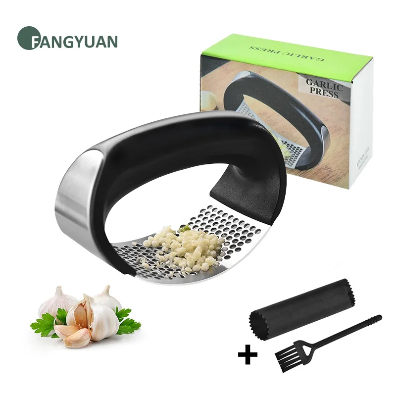 

FANGYUAN 3 in 1 arc shape kitchen accessories plastic manual stainless steel garlic press crusher grinder and peeler set