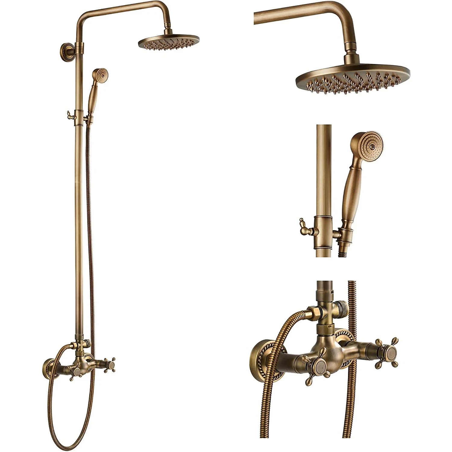 

Antique Brass Bathroom Shower Faucet Set Brushed Gold Shower Fixture Handheld Shower Cross Handle