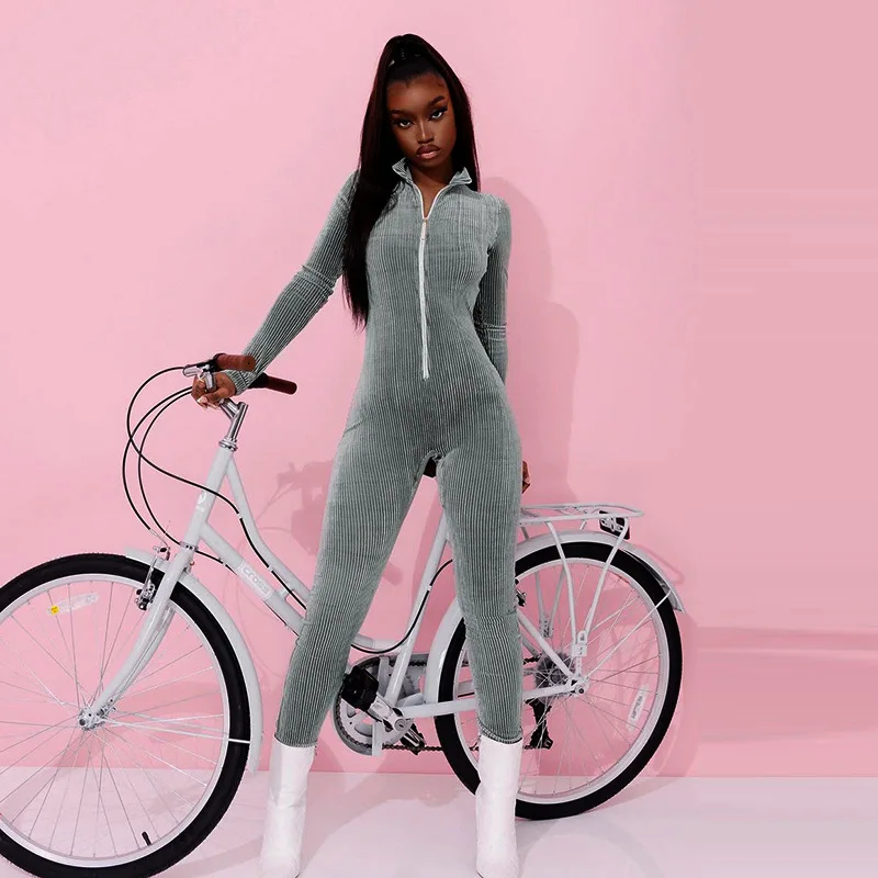 

Women One Piece Jumpsuits 2021 New Solid Color Stand Collar Long Sleeve High Waist Slim Trousers Women Jumpsuit, Picture