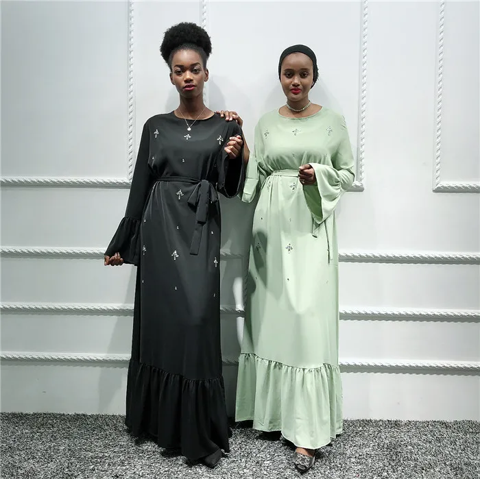 

Fashion muslim women long abaya handwork embroidery stone nida dress, Mint green,black