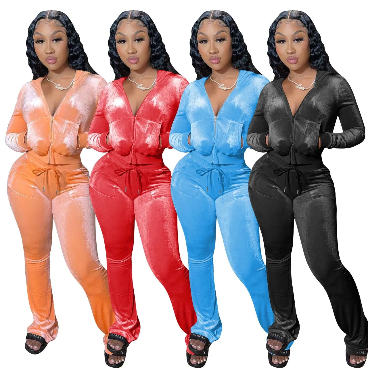 

Women's Sets Fashion Hot Sale Crop Tops Velvet 2 Piece Pants Jogger Set Coats Jackets Fall Sexy Velvet Tracksuits Two Piece Set