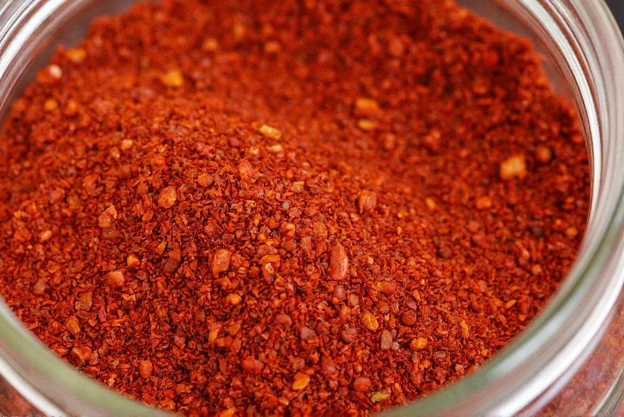 Close-up view of crushed red chili flakes in a glass jar showing varying particle sizes and deep red color