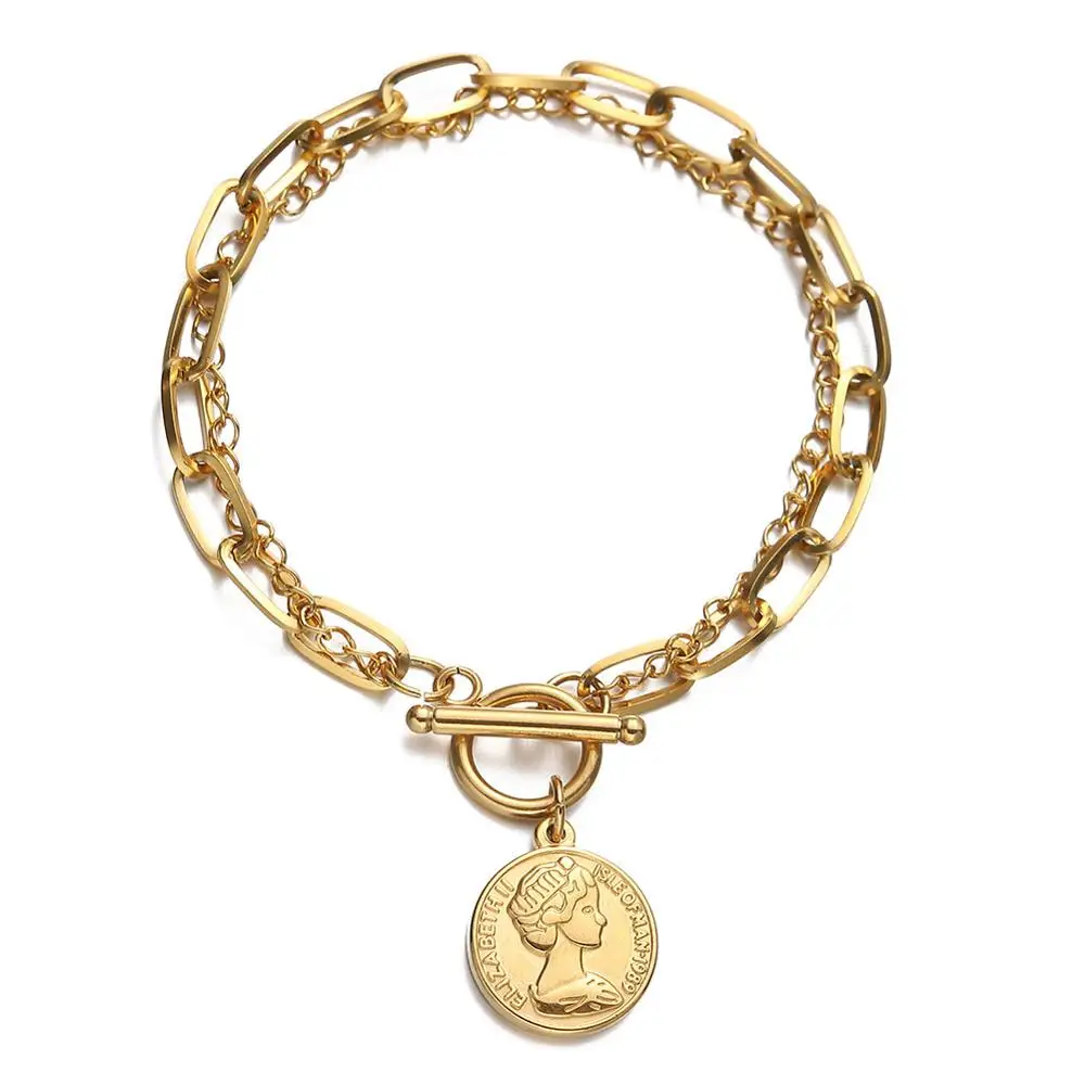 

Wholesale Multilayers Gold Plated Link Chain Coin OT 316L Stainless Steel Clasp Queen Head Charm Bracelet for Couples