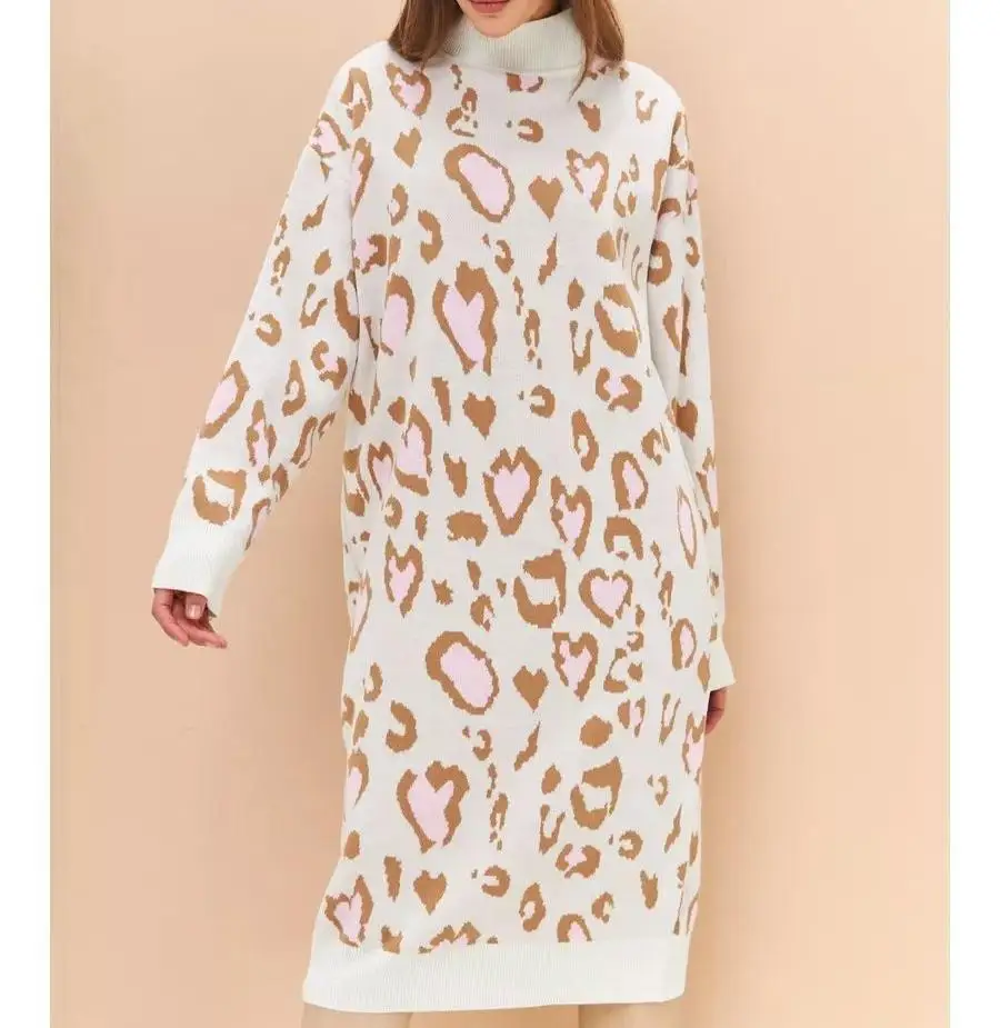 One Size Long Sleeved Pullover Sweater Leopard Print Straight Neck Stand up Long Knit Sweater Sweater Dress