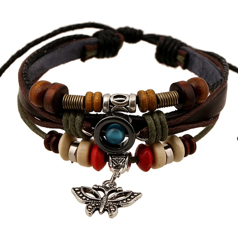 

2021 Fashion Four Layers Multi-Layers Leather Wrap Wooden Beaded Braided Punk Jewelry Bracelet, Picture shows