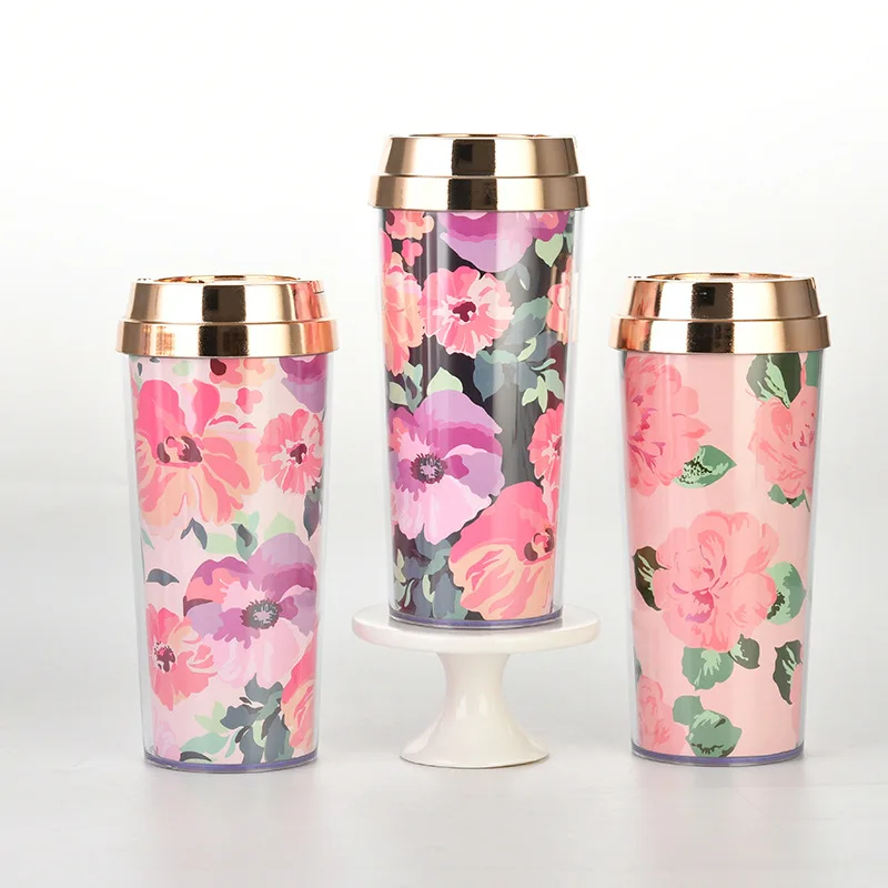 

Portable 450ML Double Thickened Coffee Card Flower Plastic Insulated Cup Tumbler